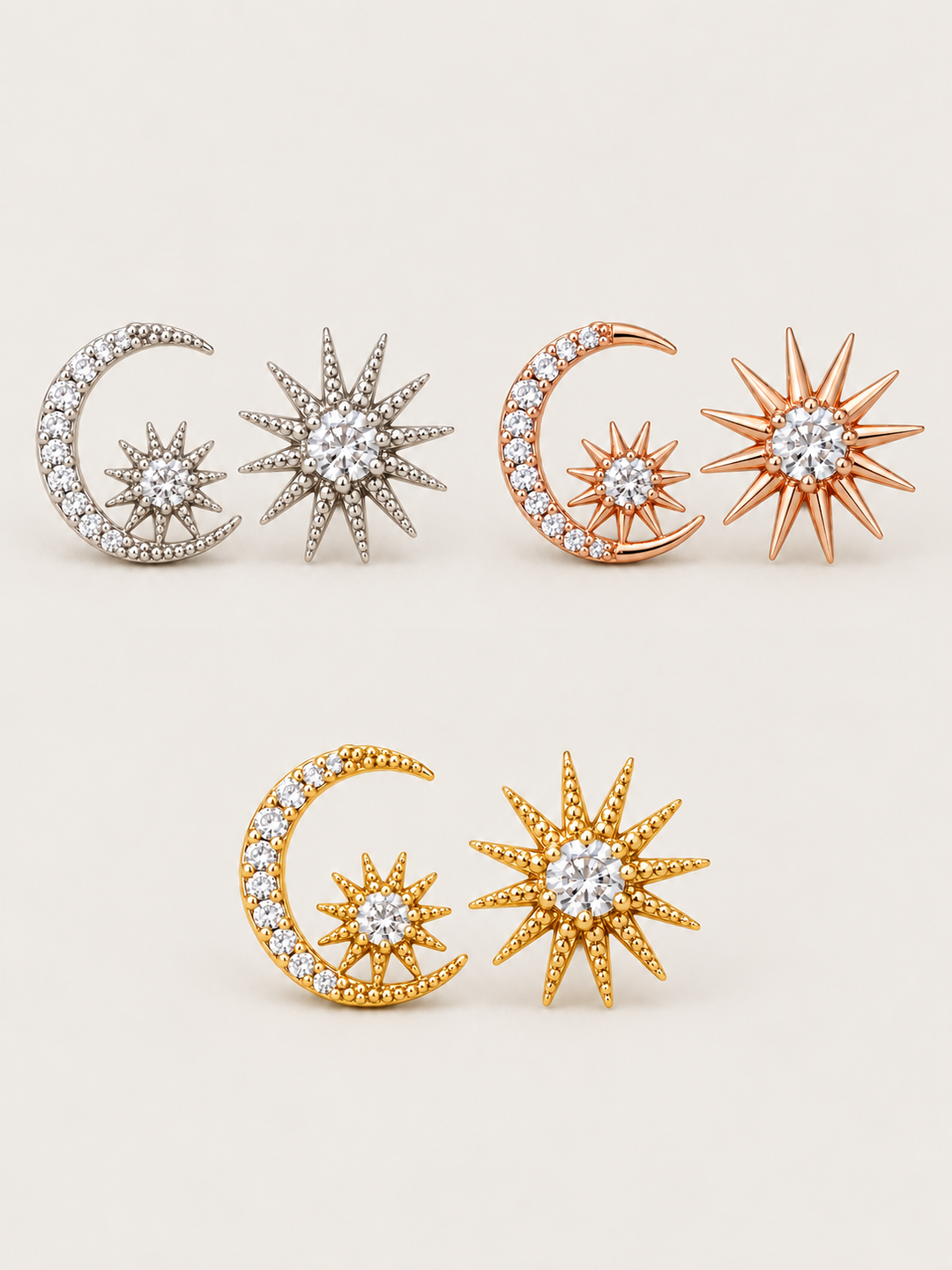 Silver, rose gold, and gold Celestial Moon and Starburst Earrings on a warm neutral background
