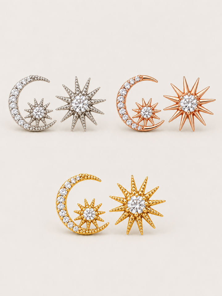 Silver, rose gold, and gold Celestial Moon and Starburst Earrings on a warm neutral background