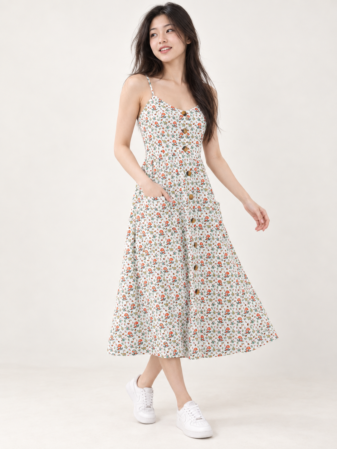 Charming Mushroom Faux Button Down Dress - three-quarter view