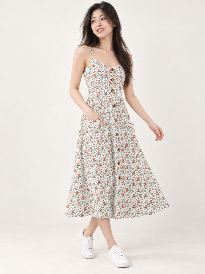 Charming Mushroom Faux Button Down Dress - three-quarter view