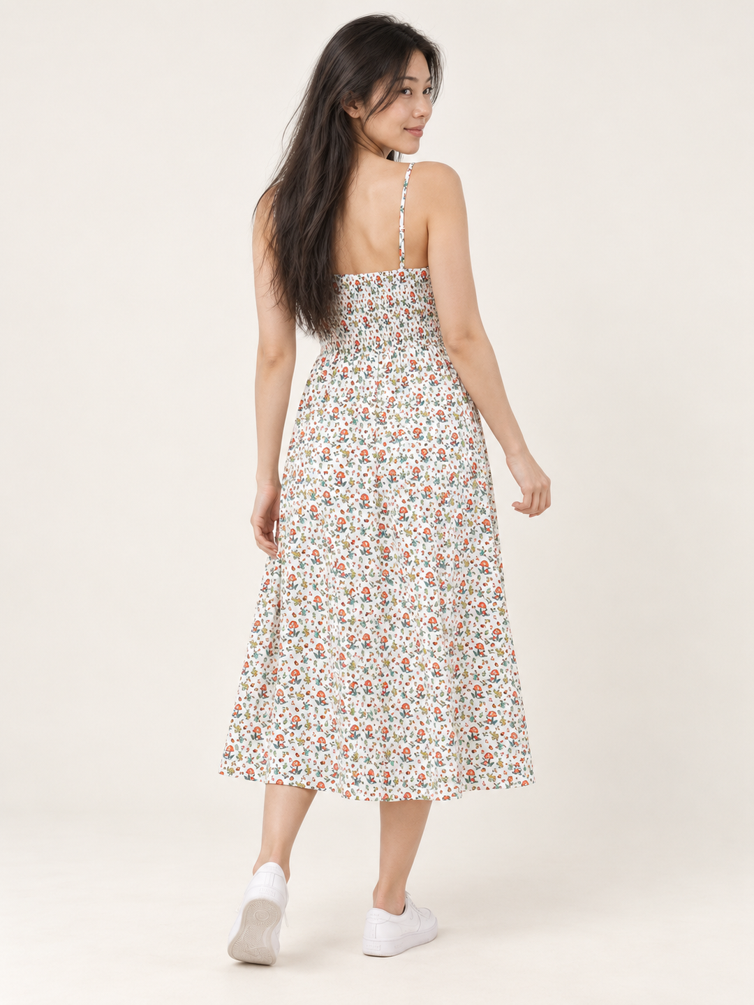 Charming Mushroom Faux Button Down Dress - full-body back view