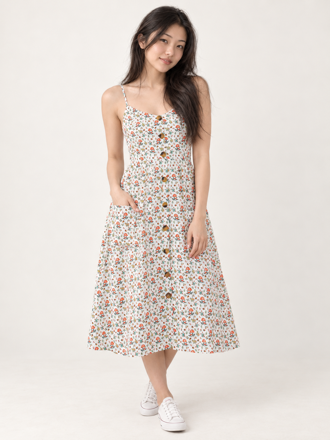 Charming Mushroom Faux Button Down Dress - full-body front view
