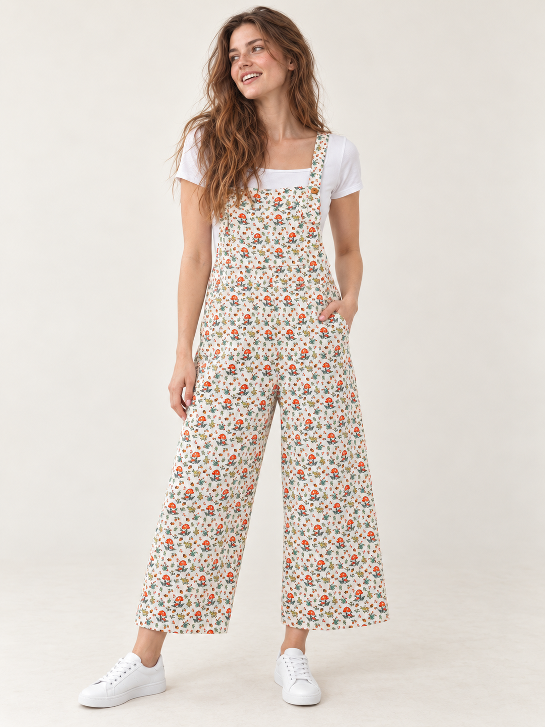 Charming Mushroom Overalls front view on Model 8