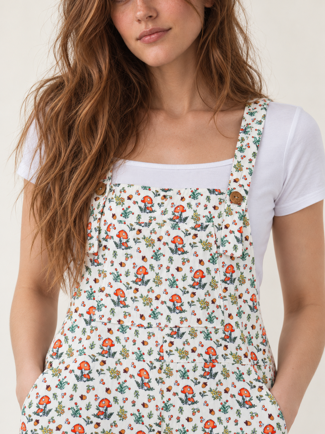 Charming Mushroom Overalls fabric and print close-up
