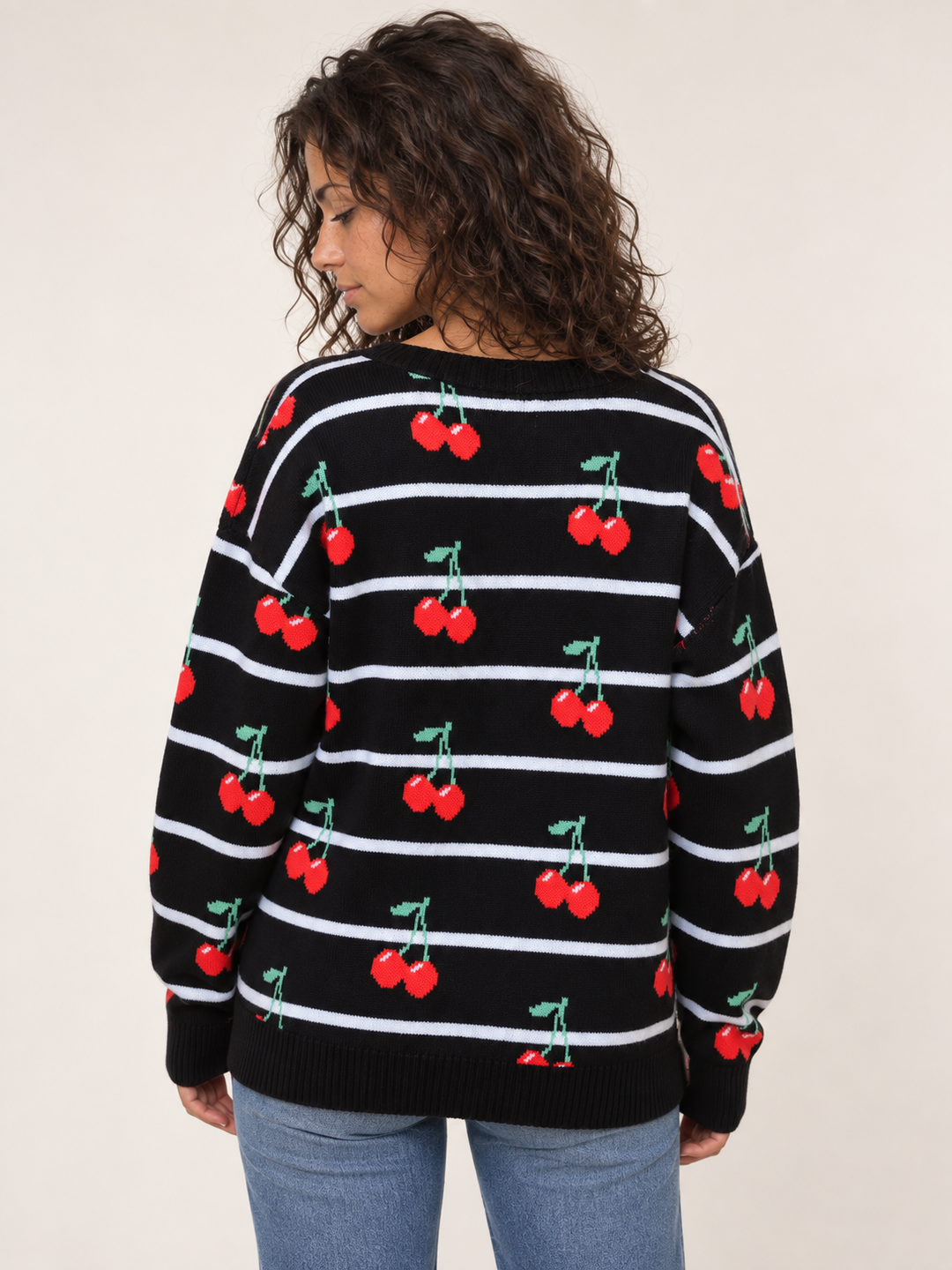 Model wearing Cherry Stripe Cardigan, back view
