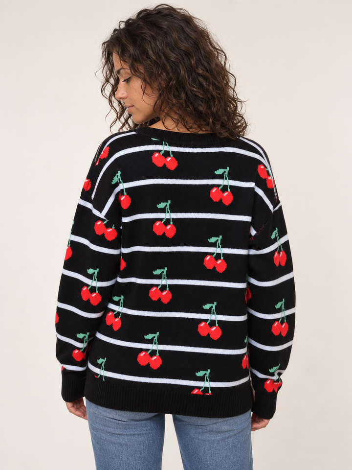 Model wearing Cherry Stripe Cardigan, back view