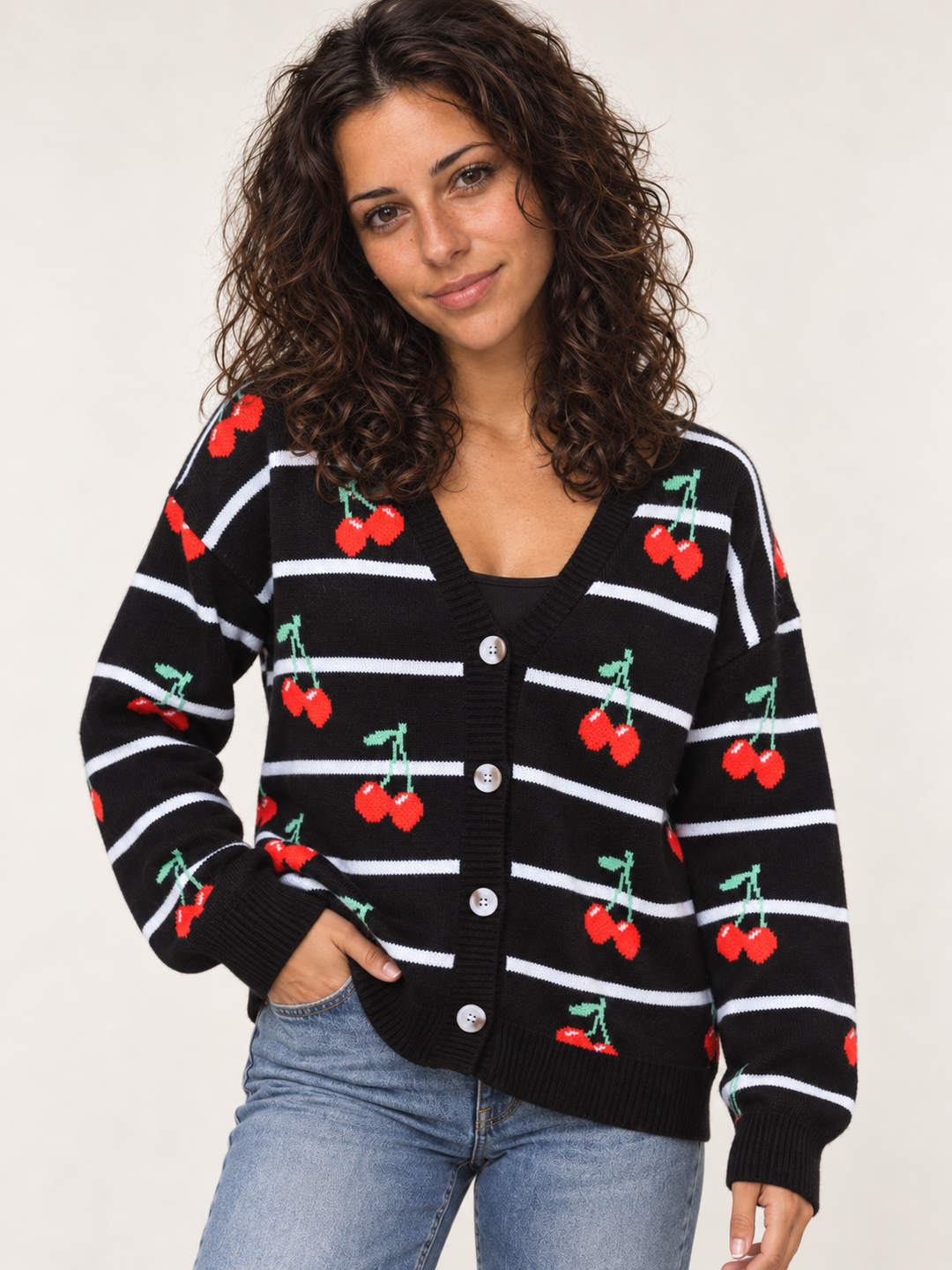 Model wearing Cherry Stripe Cardigan, front view