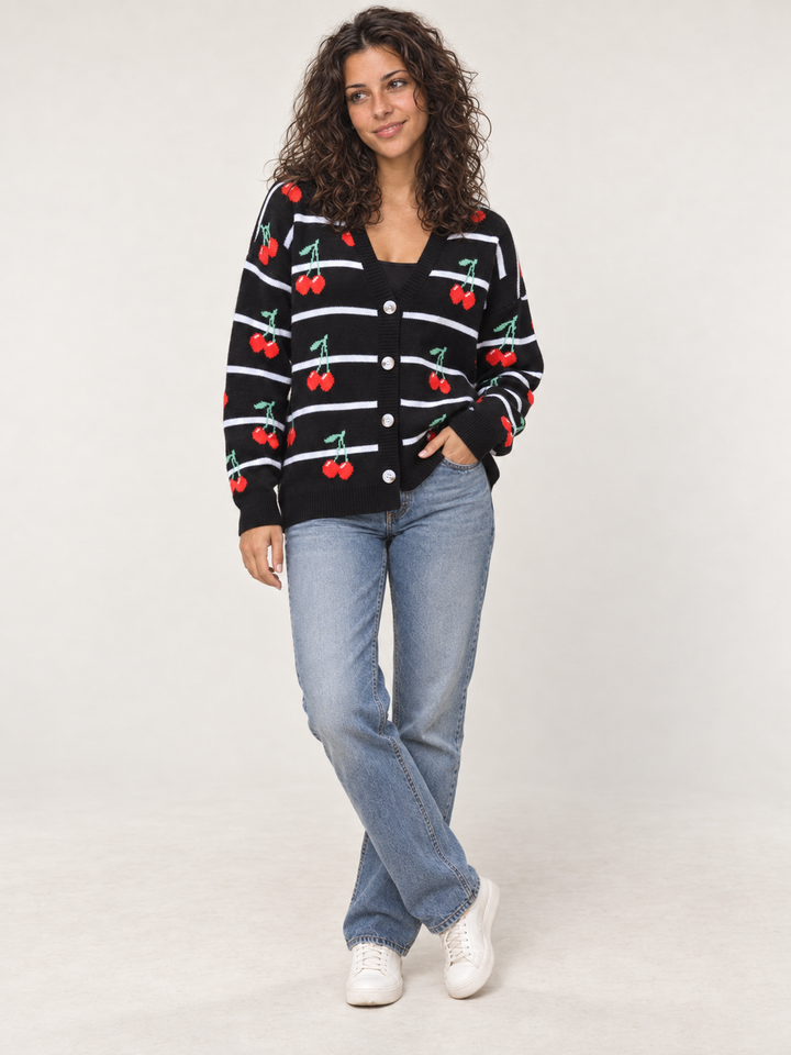 Model wearing Cherry Stripe Cardigan, full body view