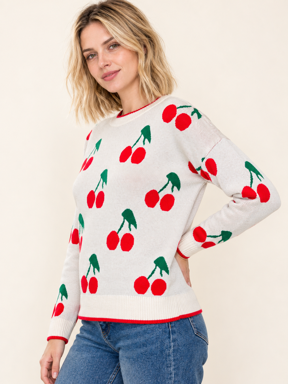 Cherry Sweater angled view on model