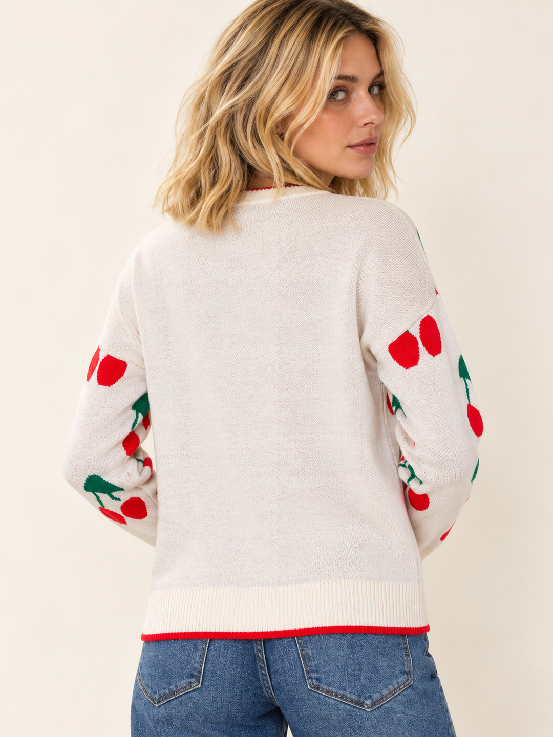 Cherry Sweater back view on model