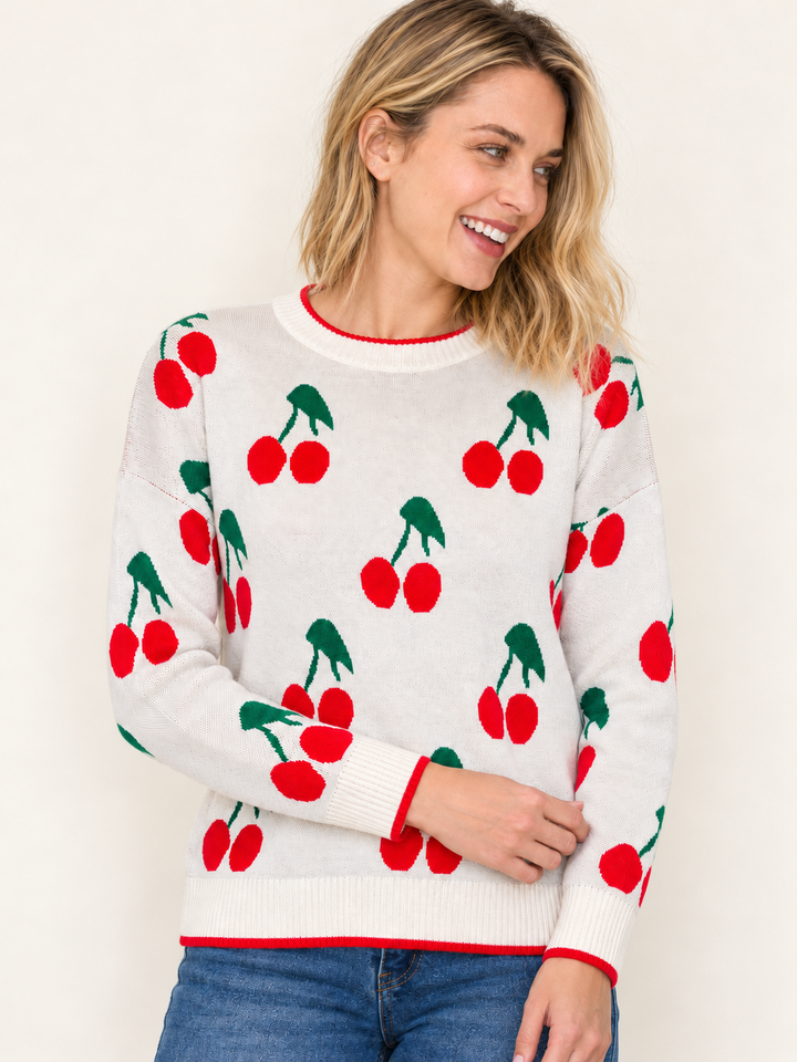 Cherry Sweater front view on model