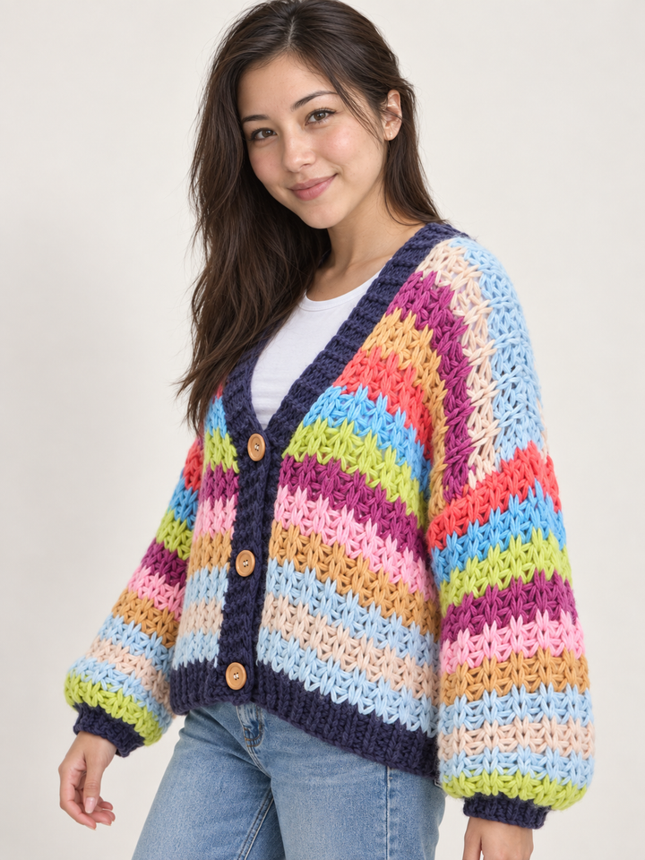 Chunky Rainbow Knit Cardigan 45-degree view on model