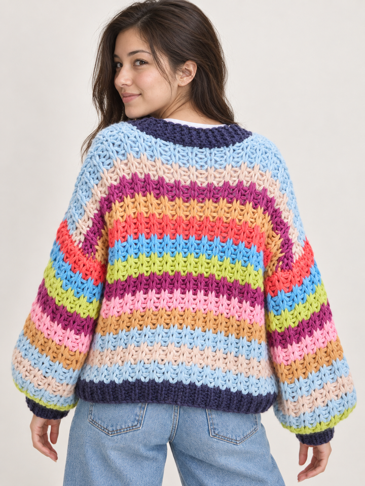 Chunky Rainbow Knit Cardigan back view on model