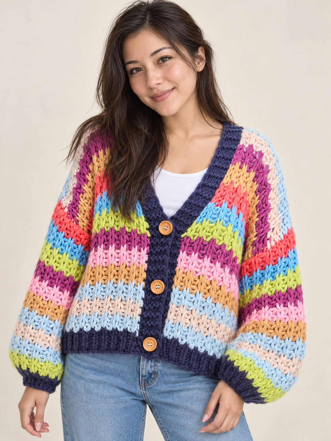 Chunky Rainbow Knit Cardigan front view on model