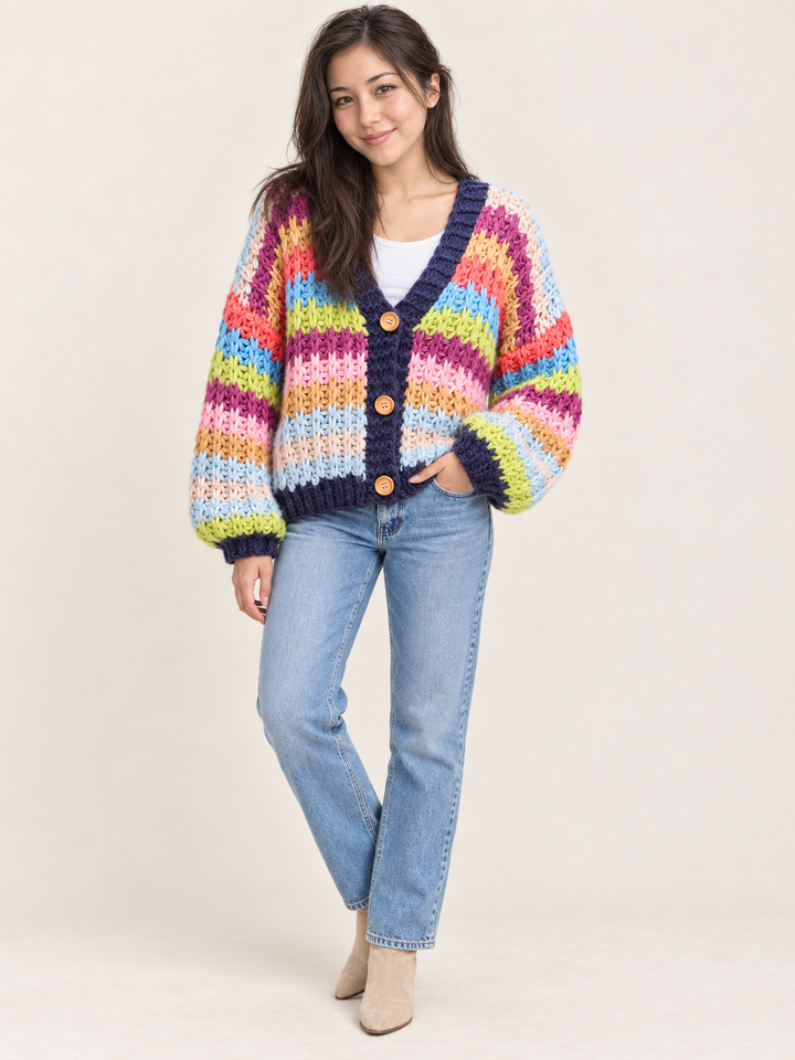 Chunky Rainbow Knit Cardigan full-body front view on model