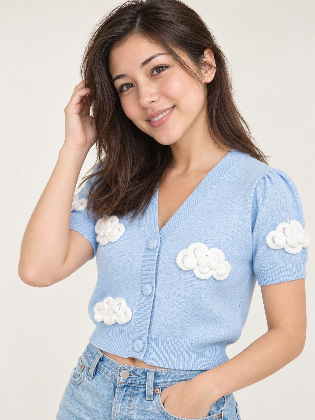 Cloud Short Sleeve Cardigan Blue angled view