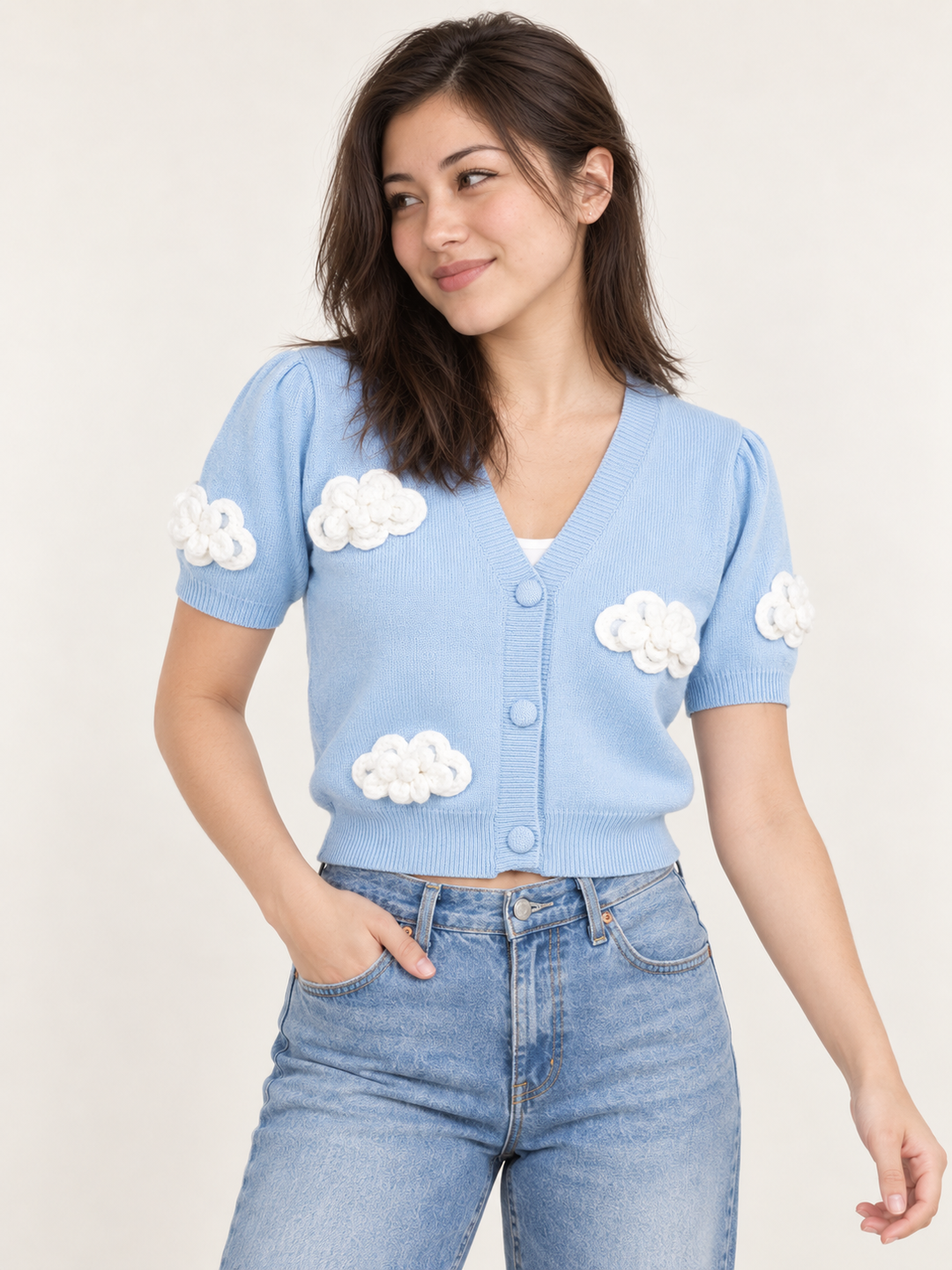 Cloud Short Sleeve Cardigan Blue front view