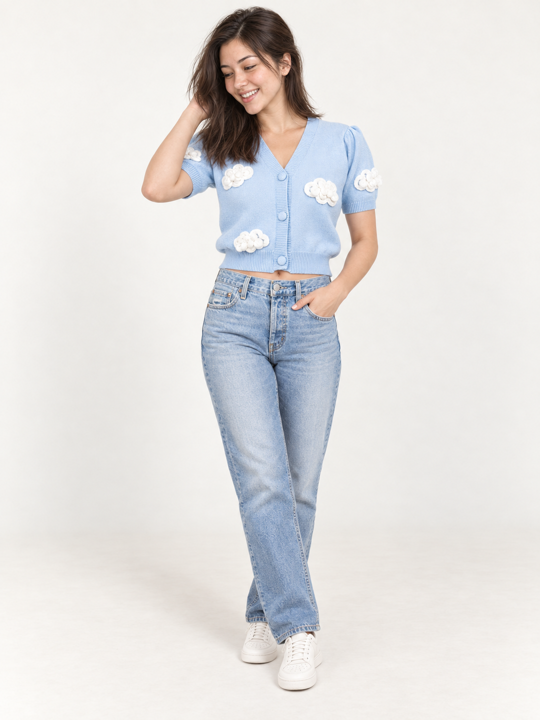 Cloud Short Sleeve Cardigan Blue full-body view