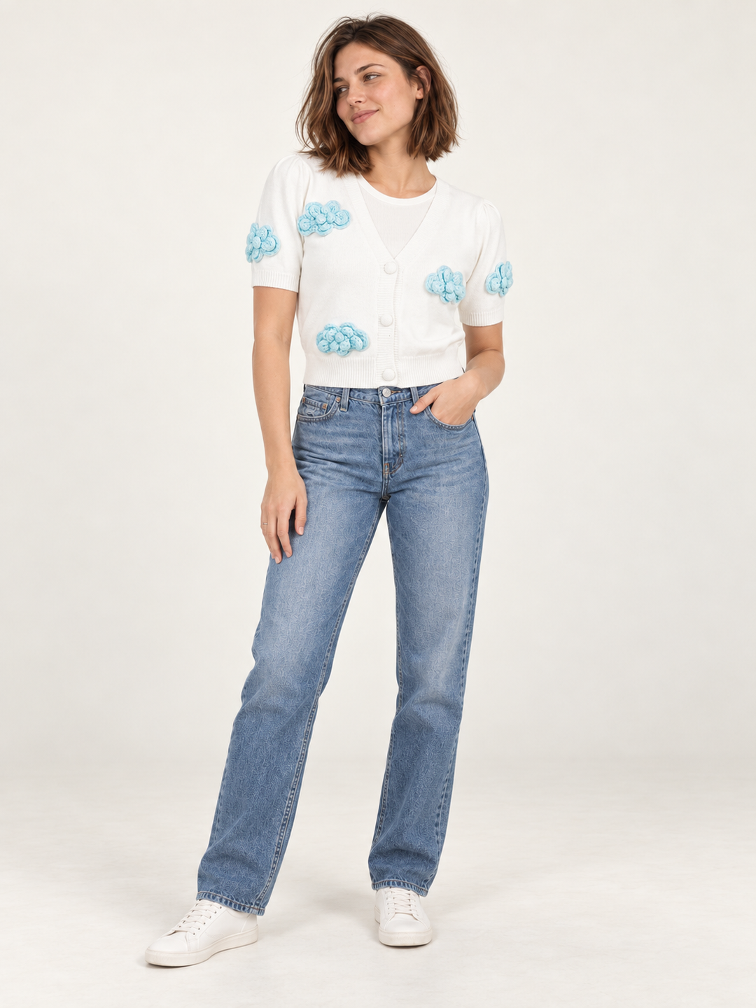 Model wearing Cloud Short Sleeve Cardigan Ivory — full-body front view
