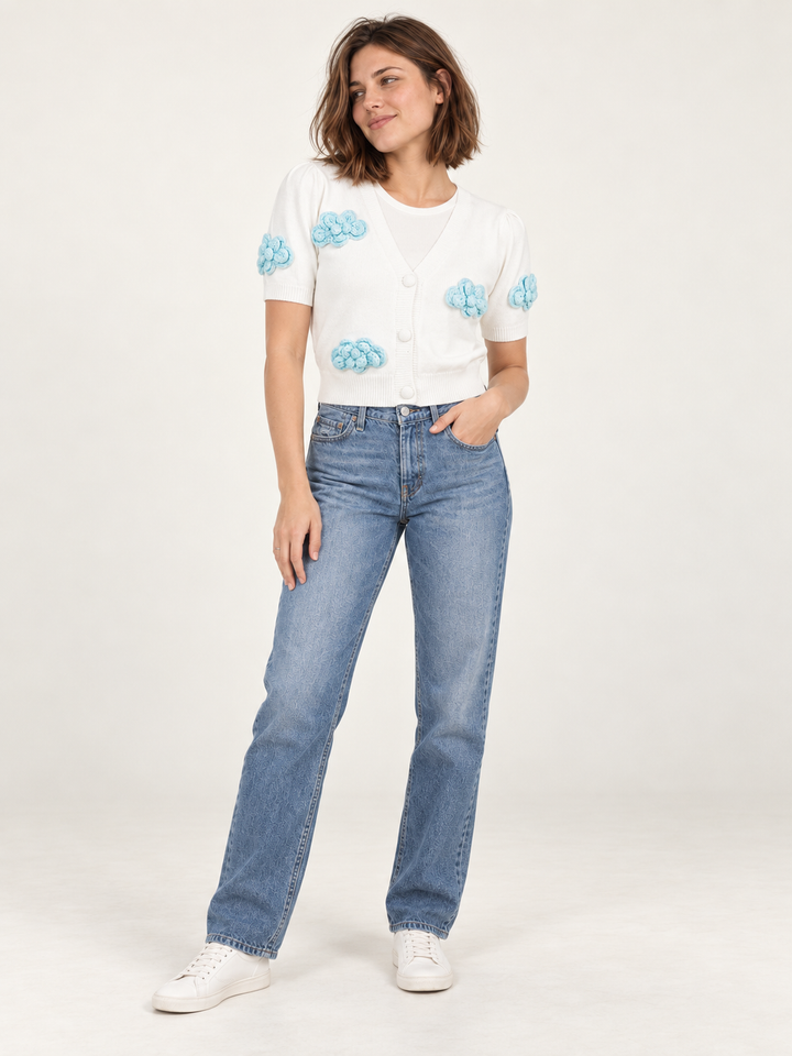 Model wearing Cloud Short Sleeve Cardigan Ivory — full-body front view