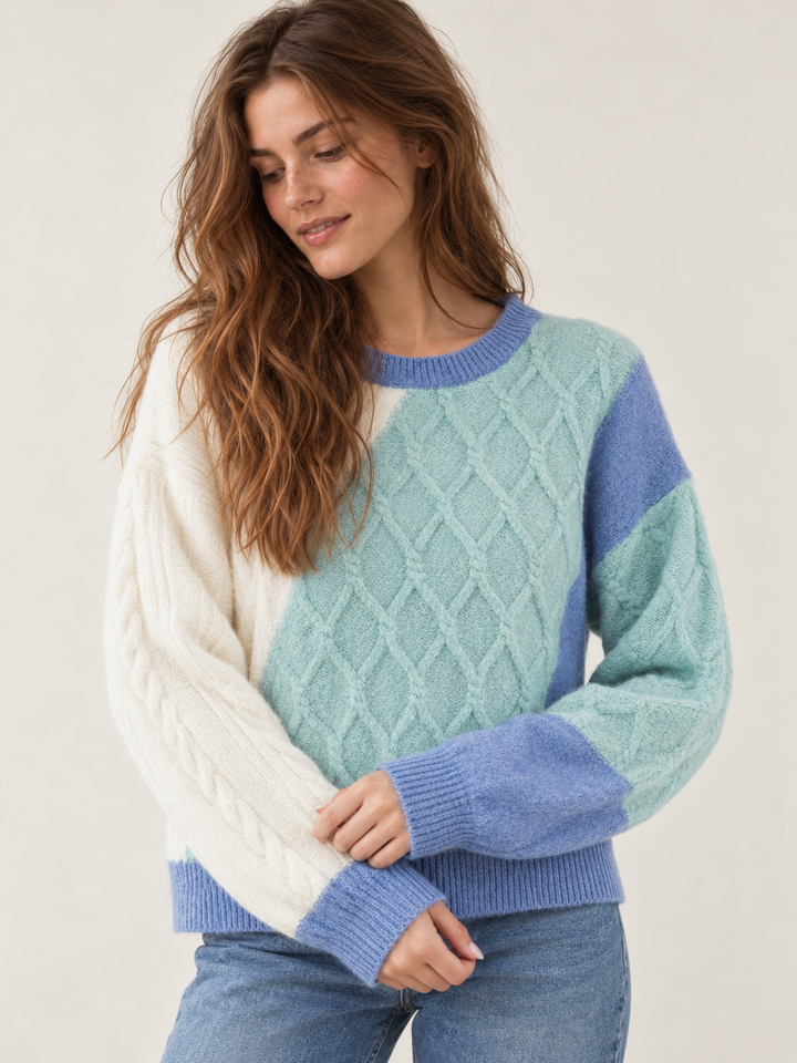 Model wearing the Colorblock Blue Textured Sweater — angled view