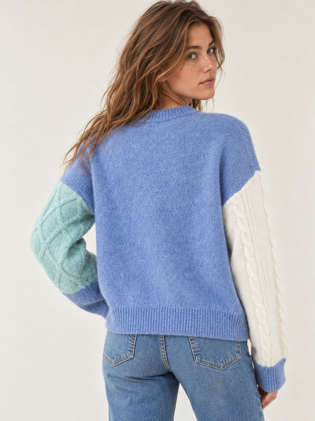 Model wearing the Colorblock Blue Textured Sweater — back view