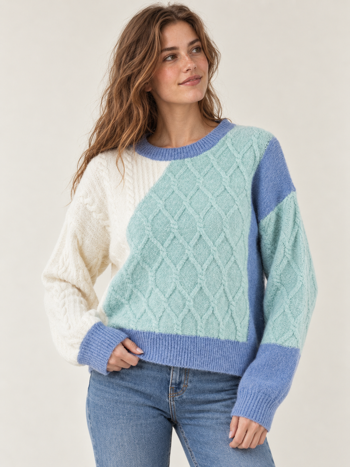Model wearing the Colorblock Blue Textured Sweater — front view