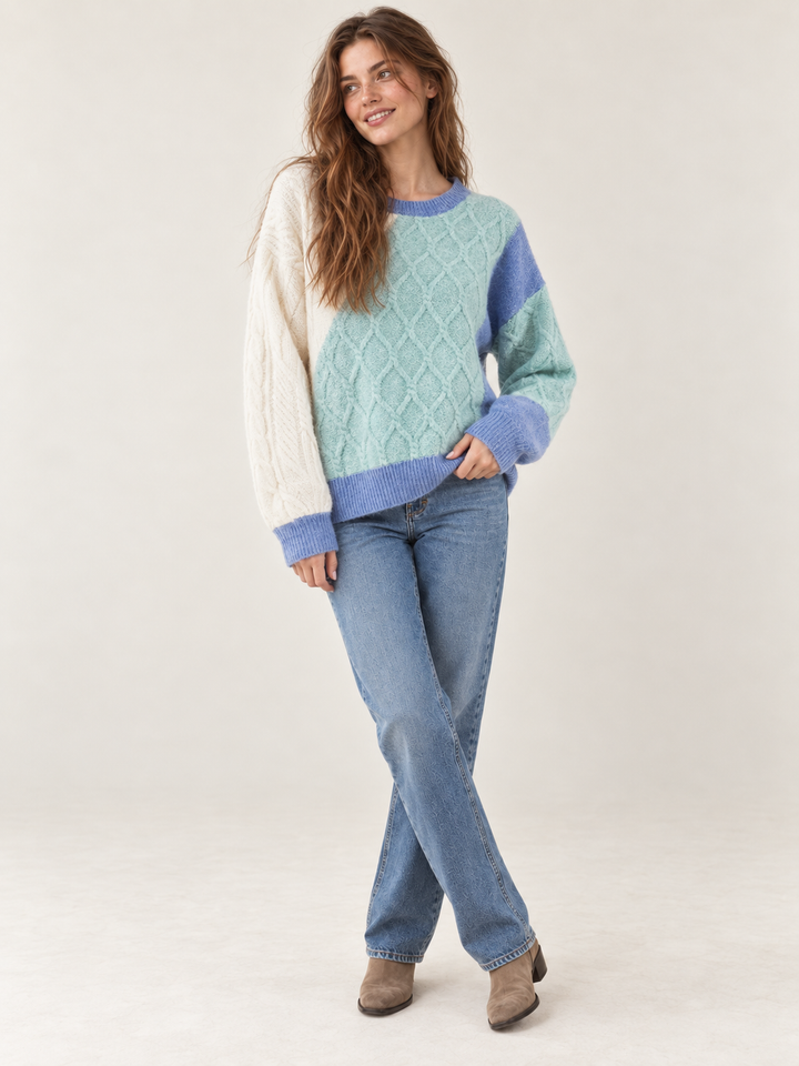 Model wearing the Colorblock Blue Textured Sweater — full-body view