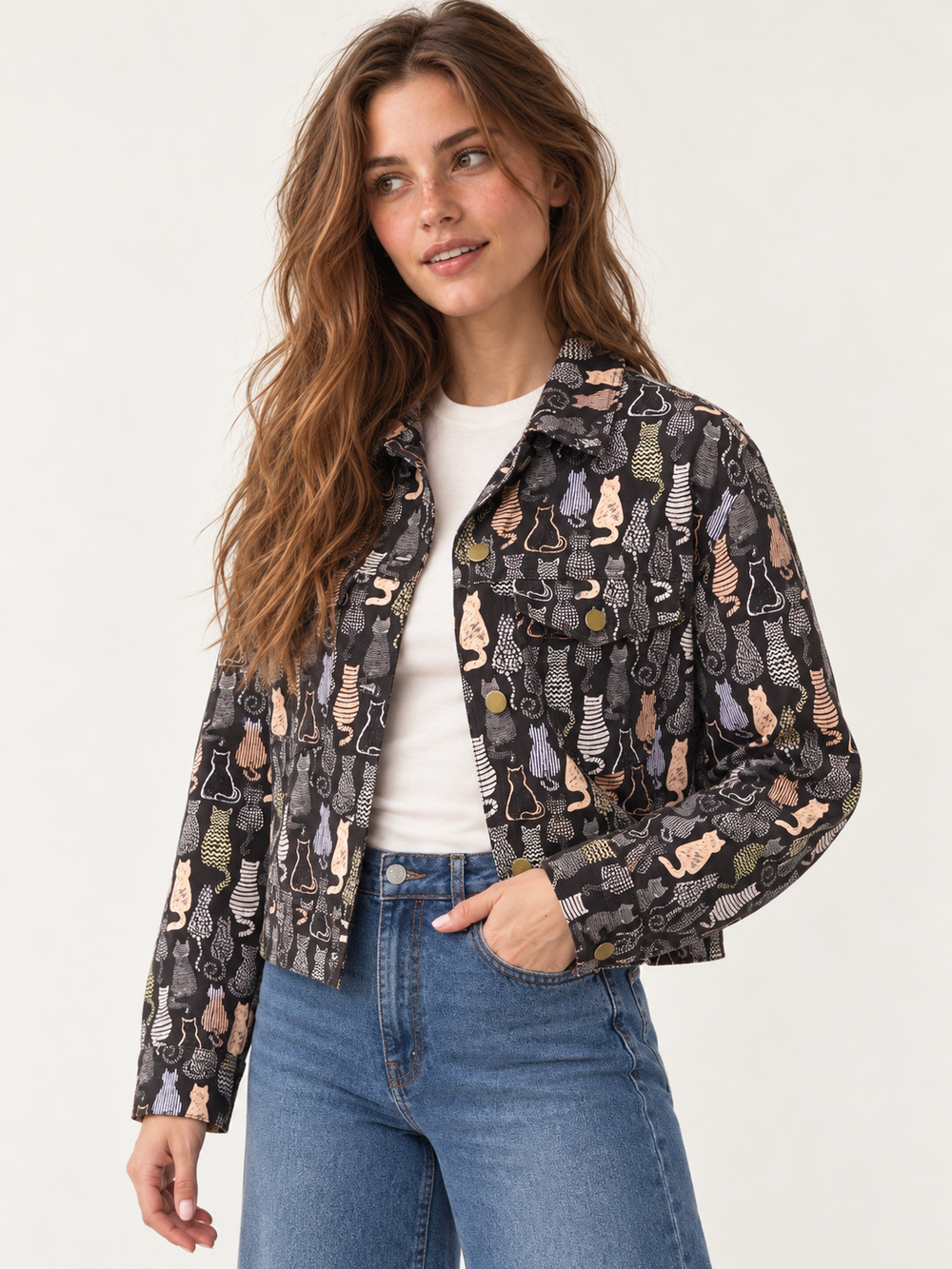 Colorful Cat Print Crop Jacket – three-quarter view on model