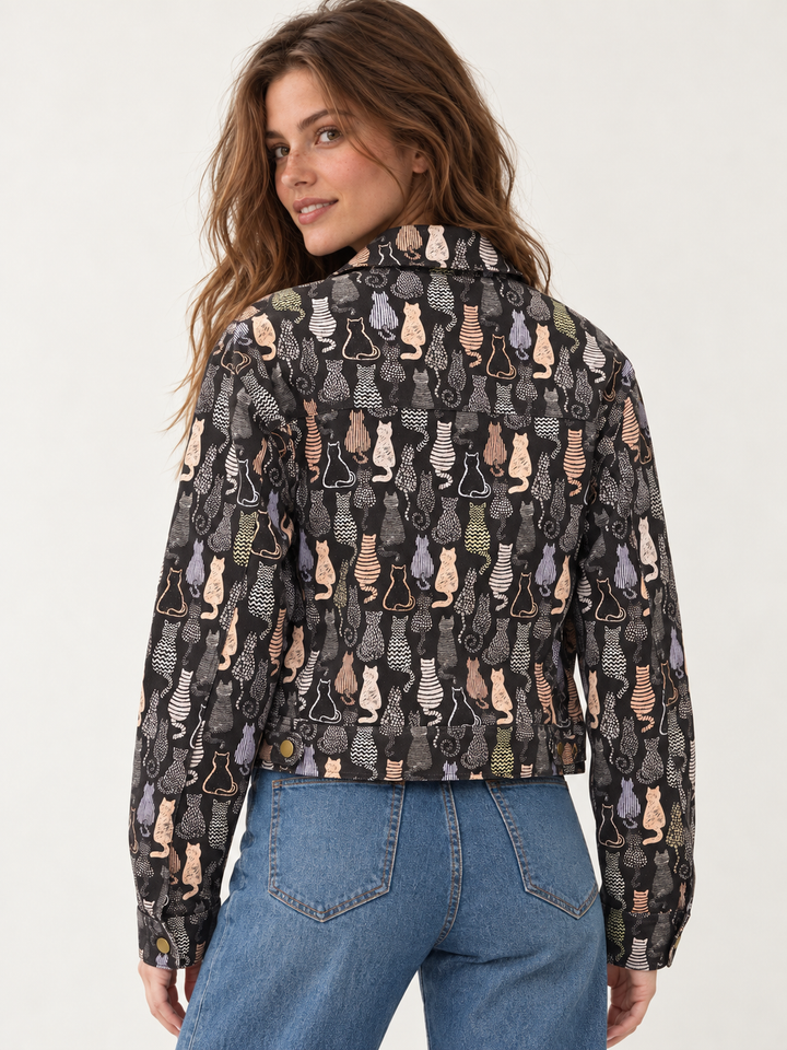 Colorful Cat Print Crop Jacket – back view on model