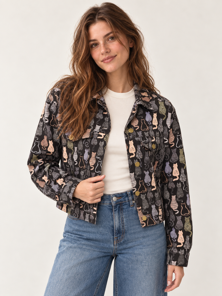 Colorful Cat Print Crop Jacket – front view on model