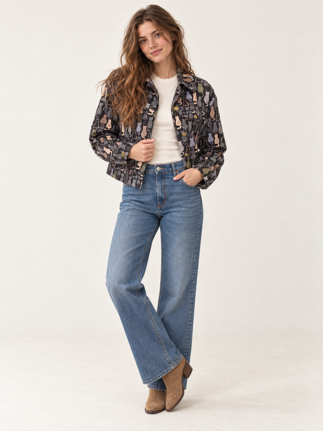 Colorful Cat Print Crop Jacket – full-body front view