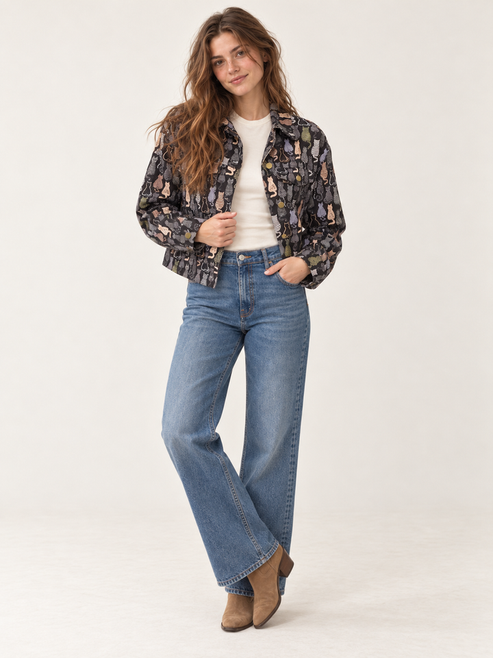Colorful Cat Print Crop Jacket – full-body front view