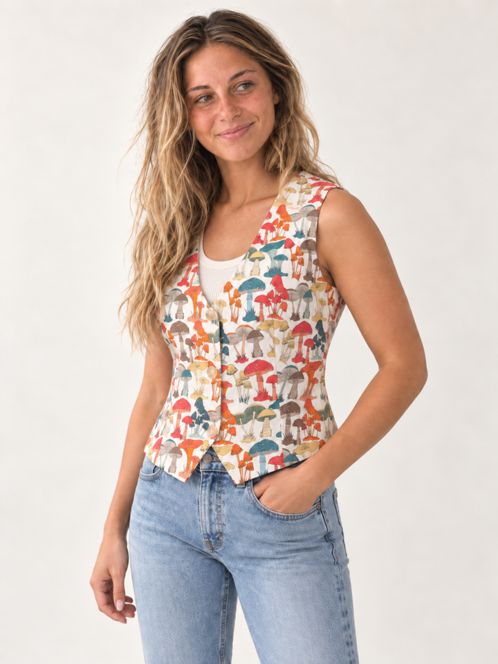 Model wearing Colorful Mushroom Buttoned Vest, 45-degree view