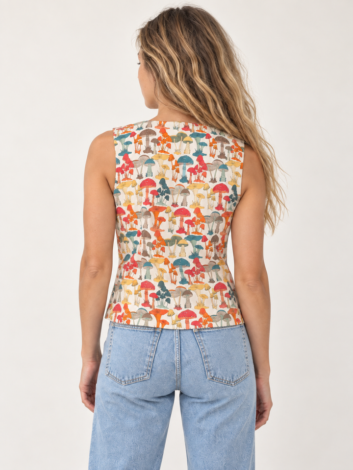Model wearing Colorful Mushroom Buttoned Vest, back view