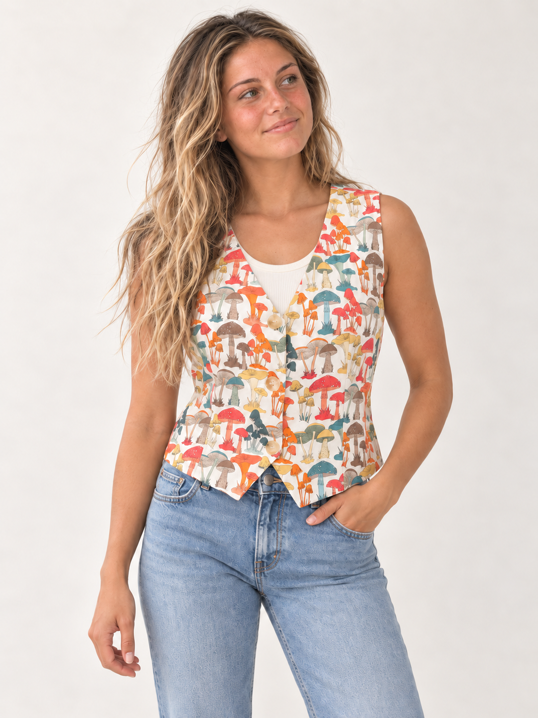 Model wearing Colorful Mushroom Buttoned Vest, front view