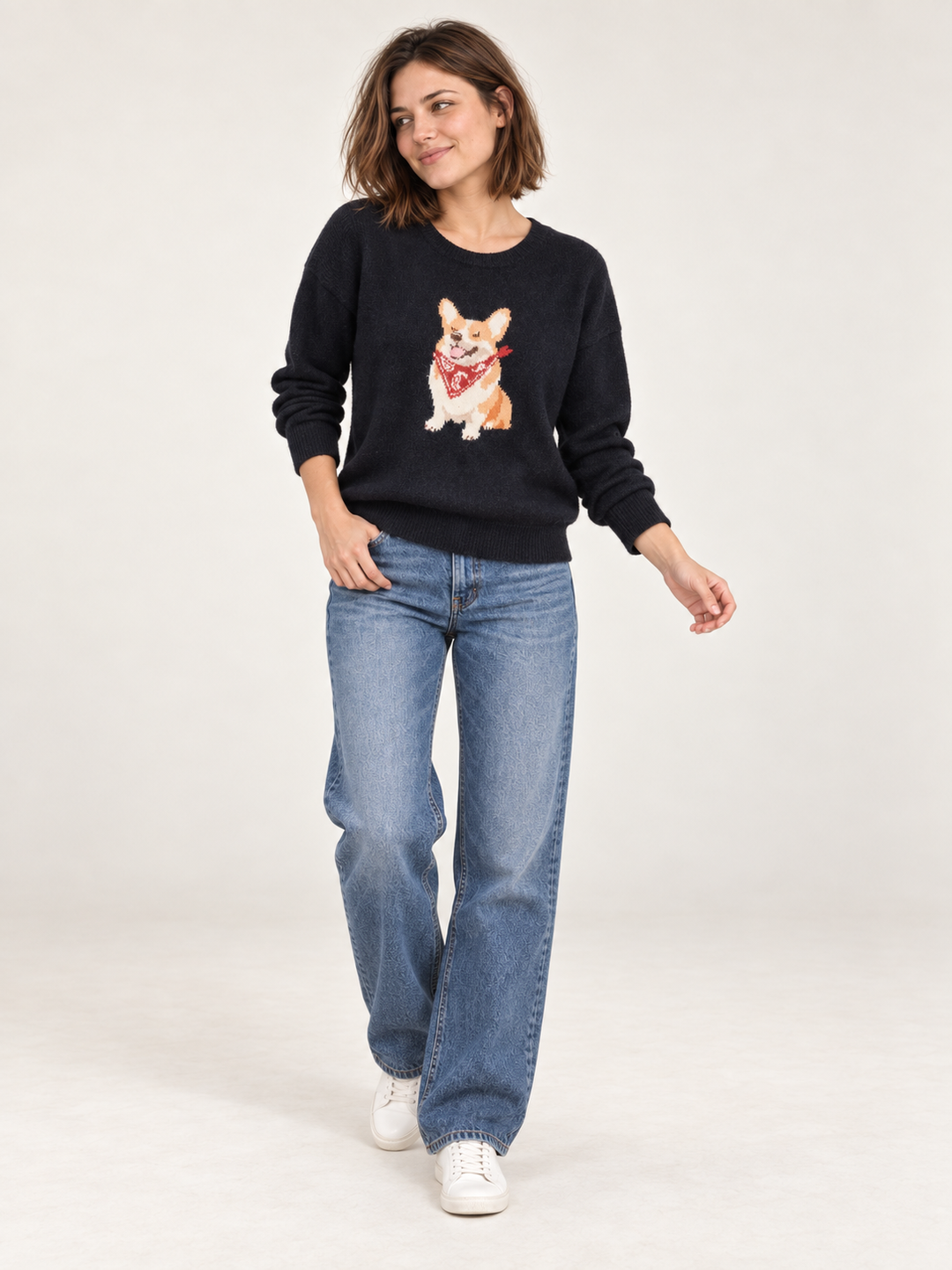 Model wearing Corgi Bandana Sweater in navy, full-body front view