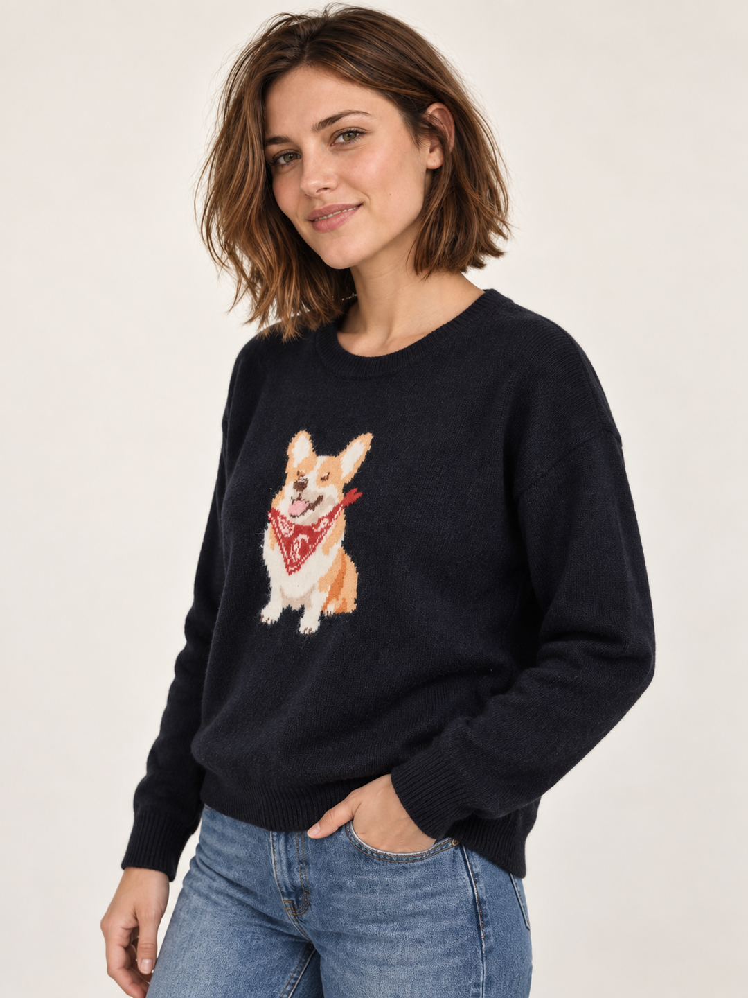 Model wearing Corgi Bandana Sweater in navy, three-quarter view