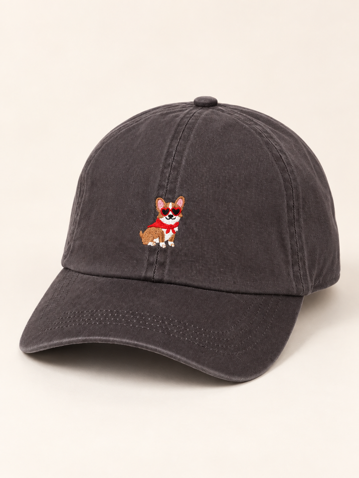 Three-quarter view of charcoal corgi embroidered baseball cap