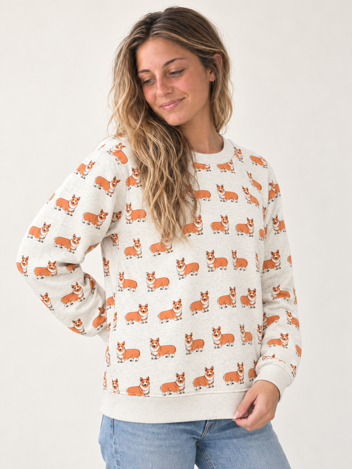 Corgi Sweatshirt three-quarter view on model