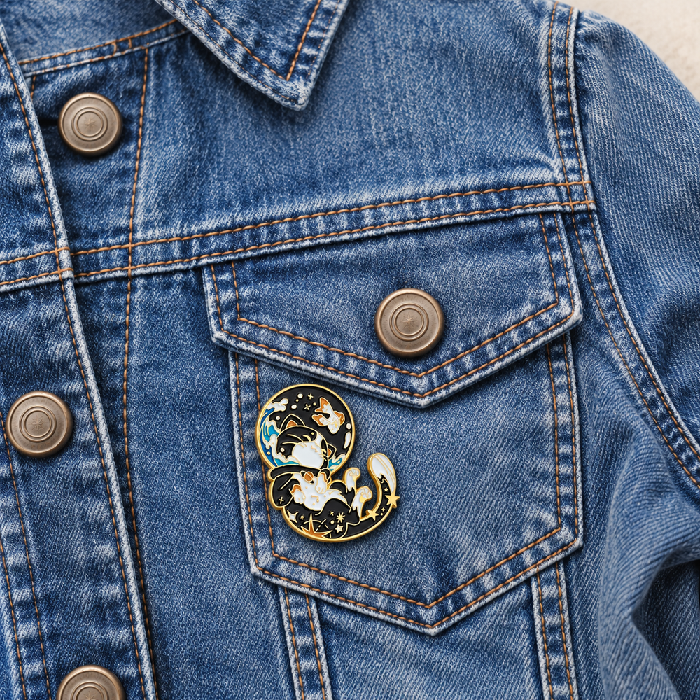 Cosmic Cats Space Pin displayed on a blue denim jacket beside a metal button