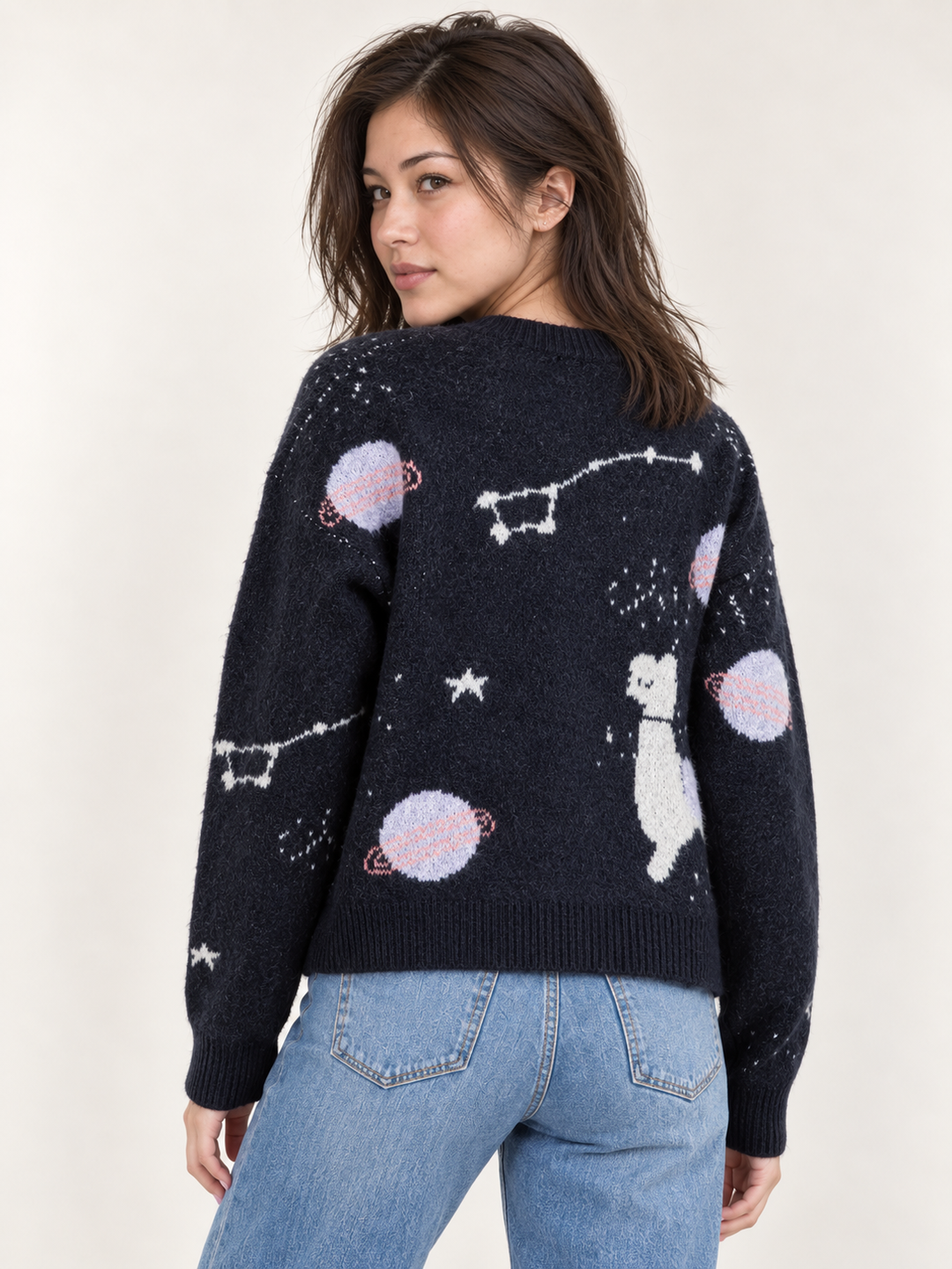 Cosmic Llama Sweater Black – back view on model