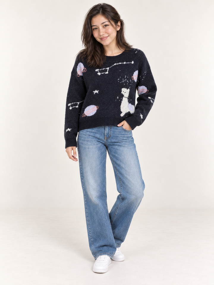Cosmic Llama Sweater Black – full-body front view on model