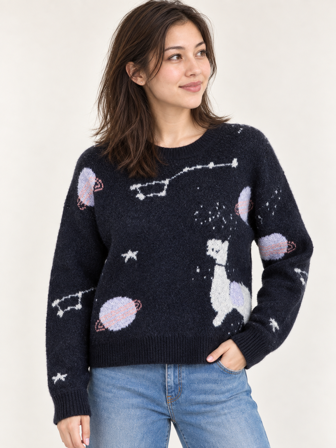 Cosmic Llama Sweater Black – front view on model
