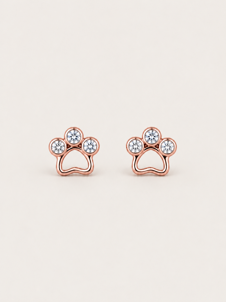 Crystal Paw Print Stud Earrings — Rose Gold front view