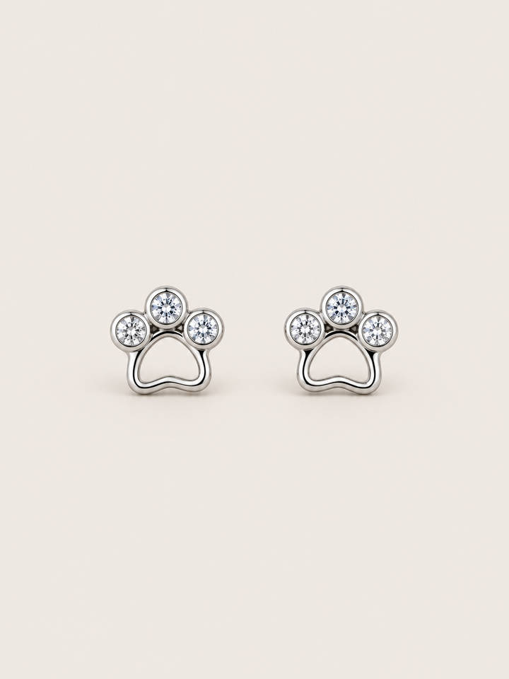 Crystal Paw Print Stud Earrings — Silver front view