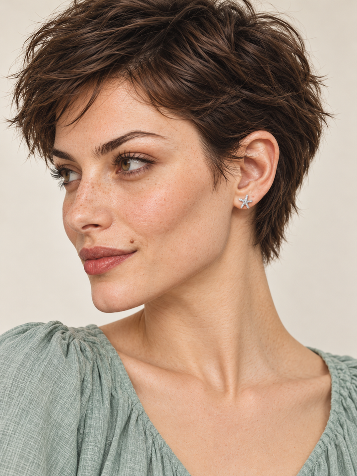 Silver Crystal Starfish Stud Earring worn on a model's viewer-right ear