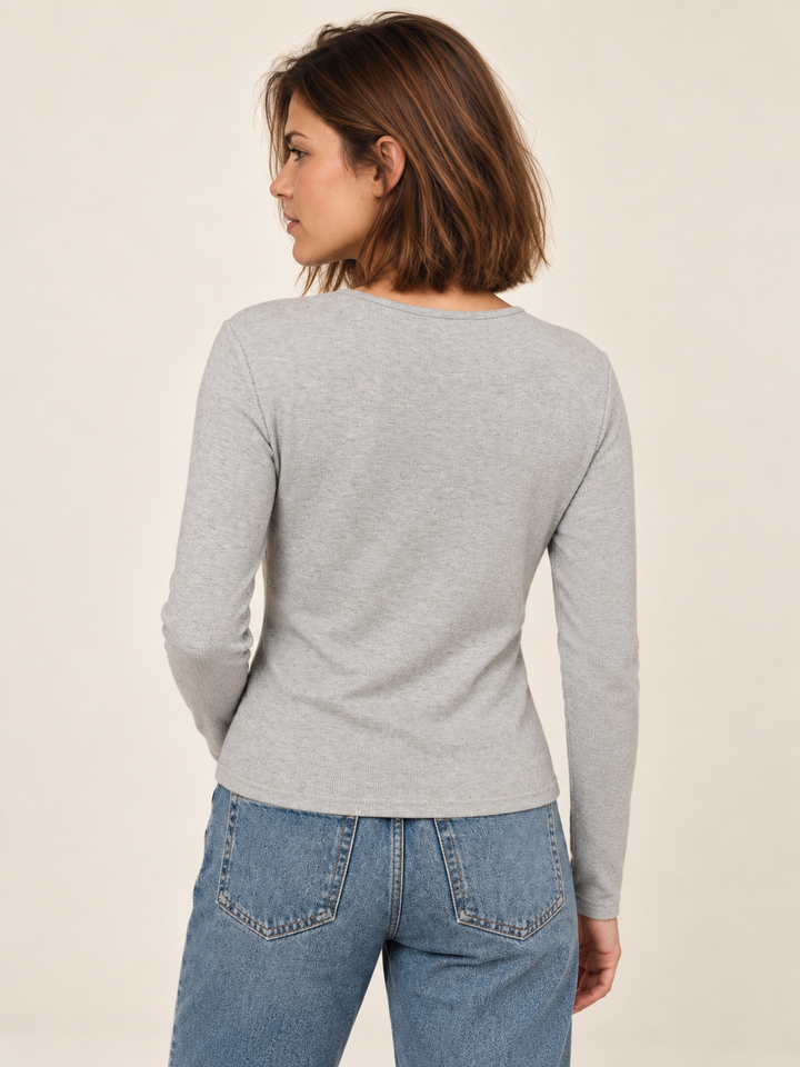Model wearing Dachshund Embroidered Long Sleeve Tee Gray - back view