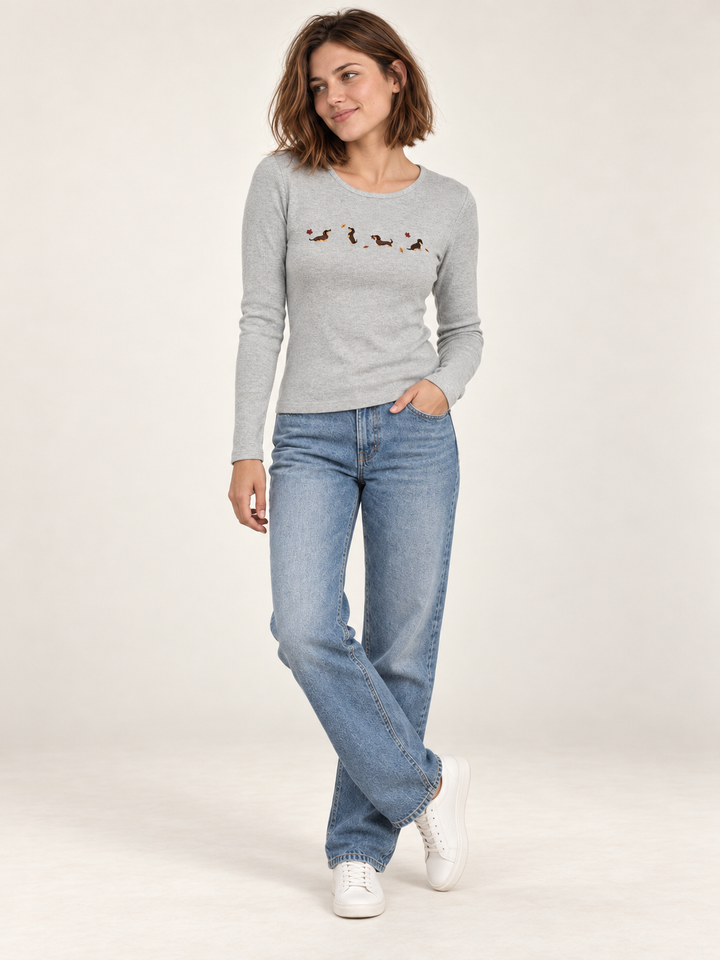 Model wearing Dachshund Embroidered Long Sleeve Tee Gray - full body view