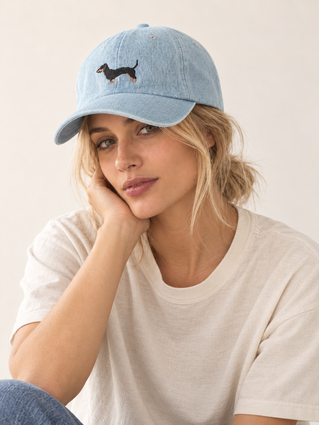 Model wearing Dachshund Hat Denim